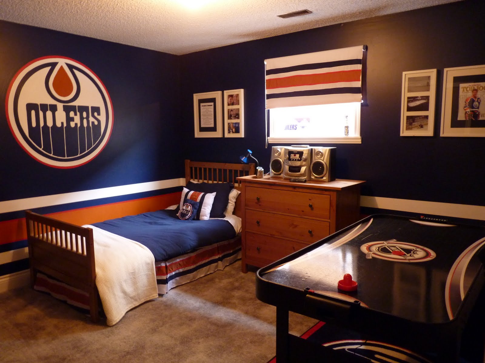 Excellent Boys Room Paint Plan Applying Dark Blue Color Escorted By Sinle Bed And Wooden Drawers Completed Escorted By Radio Tape And Furnished Escorted By Table Lamp Bedroom