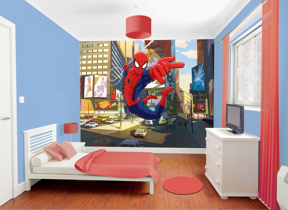 Extraordinary Amazing Spiderman Fantastic Mural Theme For Your Bedroom Scheme Mural Schemes For Bedroom Wall Mural Scheme On Boys Bedroom Scheme Escorted By White Bed Kids Room