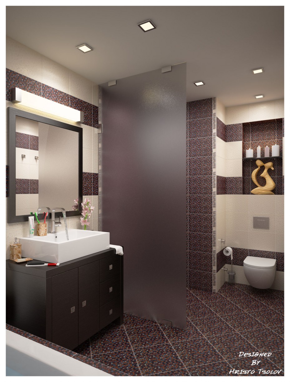 Favored Frosted Glass Divider Room Escorted By Square Washbasin At Dark Wooden Vanity As Well As Gray Ceramic Diagonal Floors In Contemporary Hotel Bathroom Scheme Plan Soothing Hotel Bathroom