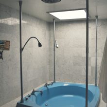 Bathroom Thumbnail size Fine Looking Blue Acrylic Shower Tub Combo Escorted By Free Stas Well Asing Head Shower Chrome Polished As Well As Grey Subway Tile Marble Materials In Walk In Shower Decor Plan Contemporary Shower
