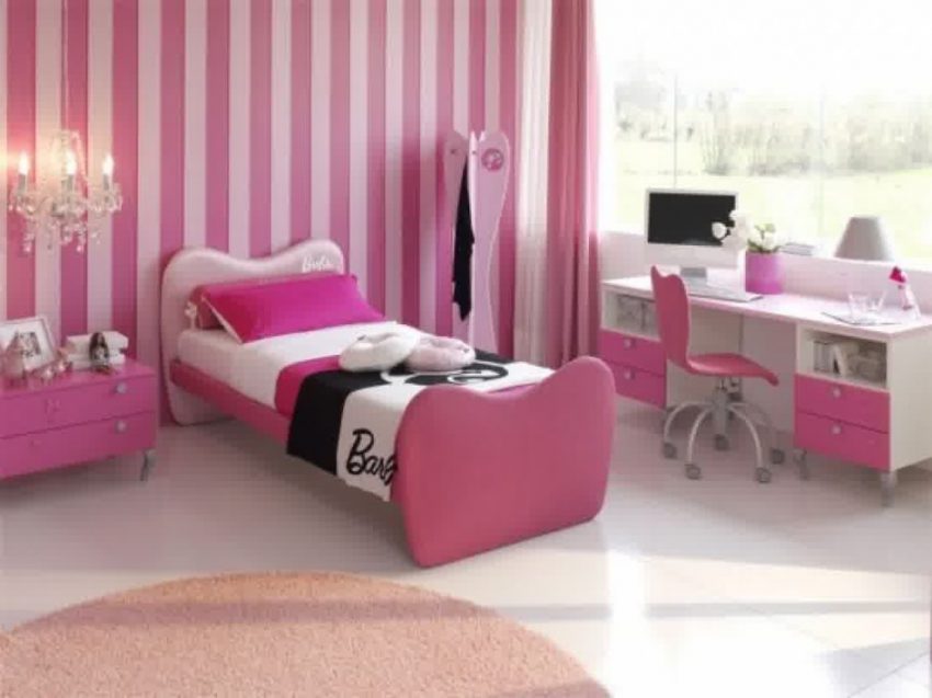 Bedroom Medium size Girl Bedroom Decoration Scheme From Pink Also White Stripes Wall Interior Escorted By Bay Window Also Pink Curtain Style Also White Flooring Escorted By Pink Circle Fur Rug
