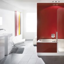 Bathroom Thumbnail size Glorious Red Wall Color As Well As Bath Panelling At White Porcelain Right Drain White Air Jetted Step In Bathtub Also Colorful Window Curtain In White Bathroom Escorted By Modern Decors Contemporary