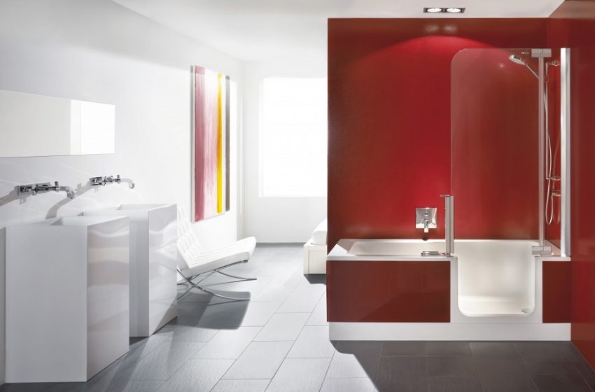 Bathroom Glorious Red Wall Color As Well As Bath Panelling At White Porcelain Right Drain White Air Jetted Step In Bathtub Also Colorful Window Curtain In White Bathroom Escorted By Modern Decors Contemporary The Best Large Bathroom Designs Gallery