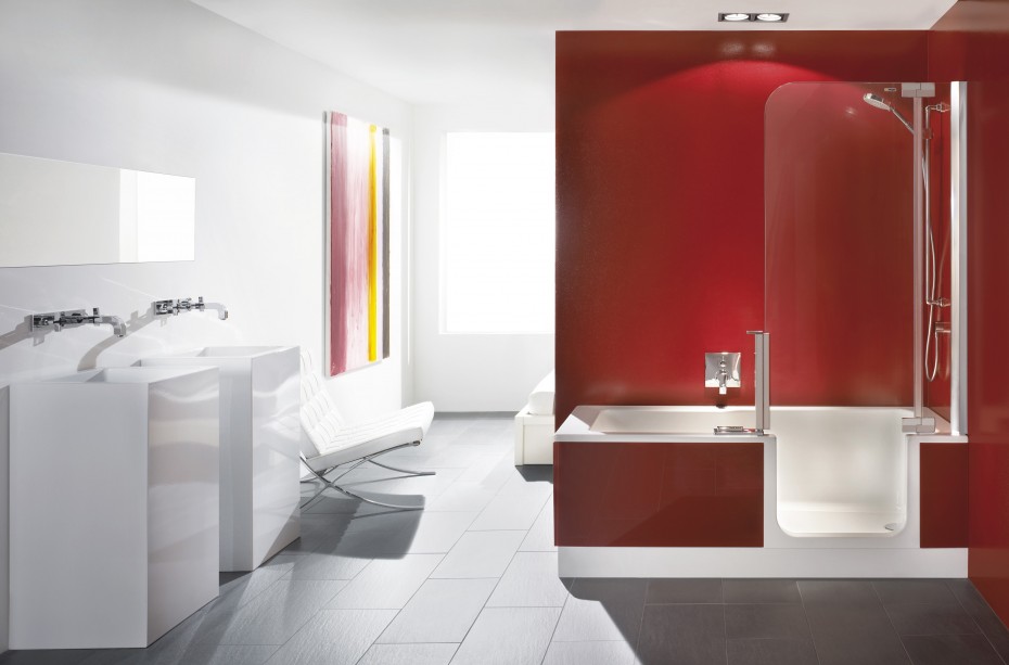 Glorious Red Wall Color As Well As Bath Panelling At White Porcelain Right Drain White Air Jetted Step In Bathtub Also Colorful Window Curtain In White Bathroom Escorted By Modern Decors Contemporary Bathroom