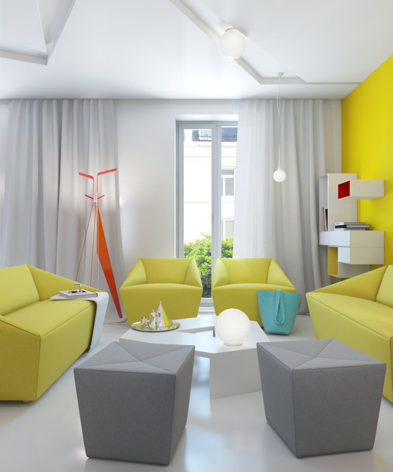 Gorgeous Small Apartment Design With Yellow Furniture Sofa And Unique Gray Sofa Modern Shaped Table With Accessories Luxury White Floor Ideas Best Curtain White Small Storage For Decorating Apartment Apartment