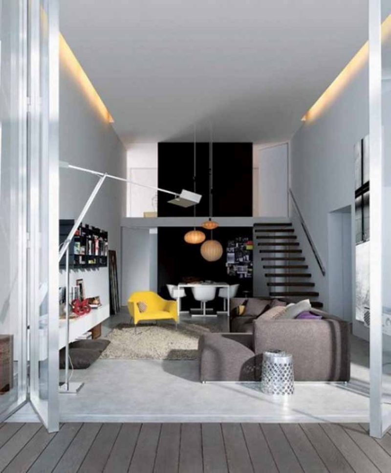 Interior Apartments Outstanding Double Height Small Apartment Interior Design With Inviting Sofa And Knockout Lighting Small Table Laminated Flooring In White Tile Idea Bedroom