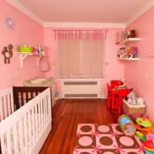 Kids Room Thumbnail size Large Baby Nursery Decorating Scheme For Baby Girl Room Interior Style Scheme Escorted By White Brown Cradles Also Laminate Flooring Escorted By Pink Wall Decoration Also White Wall Shelf1