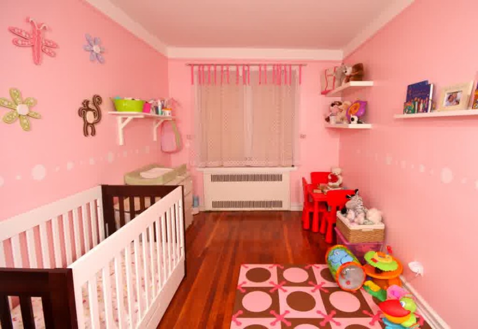 Large Baby Nursery Decorating Scheme For Baby Girl Room Interior Style Scheme Escorted By White Brown Cradles Also Laminate Flooring Escorted By Pink Wall Decoration Also White Wall Shelf1 Kids Room