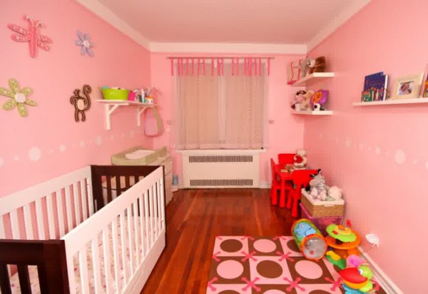 Bedroom Medium size Large Baby Nursery Decorating Scheme For Baby Girl Room Interior Style Scheme White Brown Cradles Laminate Flooring Pink Wall Decoration White Wall Shelf
