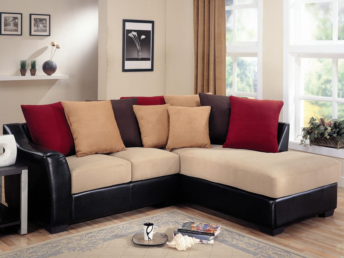 Furniture + Accessories Large-size Likable Two Tones Sectional Sofa In Beige As Well As Black Bonded Leather Escorted By L Shape Scheme As Well As Chaise As Well As Multi Color Plain Throw Pillows Furniture + Accessories