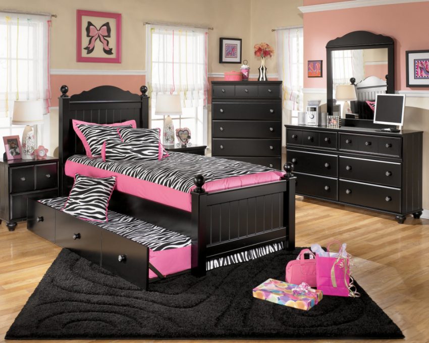 Kids Room Medium size Luxury Black And Pink Concept For Furniture Set Children Bedroom Ideas With Laminated Wooden Floor Ideas Black Fur Rug Mirror Computer Zebra Pillow And Blanket Lamp Wall Picture Curtain And Window Design