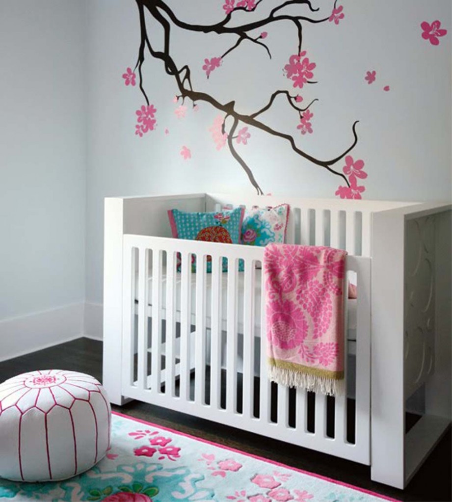 Minimalist White Cradle For Bab Nursery Style Escorted By Tree Wall Decal On The White Wall Style For Baby Room Decor Escorted By Wooden Flooring Also Carpet Flooring Style Scheme Bedroom