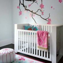 Kids Room Thumbnail size Minimalist White Cradle For Bab Nursery Style Escorted By Tree Wall Decal On The White Wall Style For Baby Room Decor Escorted By Wooden Flooring Also Carpet Flooring Style Scheme1