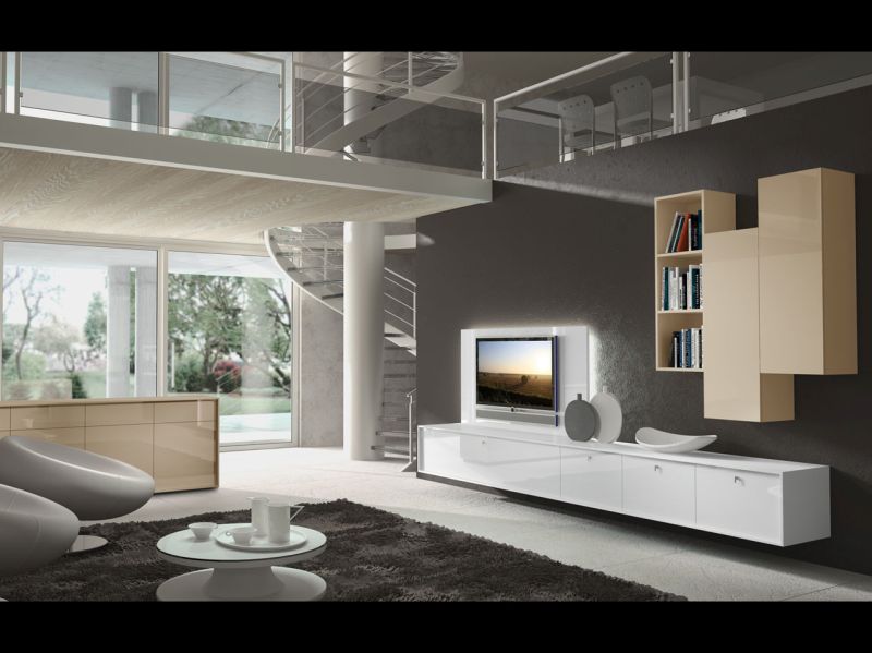 Modern Interior Living Room Concept Idea With Cute Shape Chair Design With Modern Fur Rug Small White Table And Glass Moden White Flooring Tv Screen And Simple Wall Storage For Home Interior Living Room