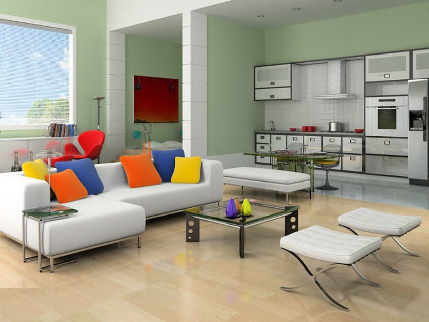 Furniture + Accessories Medium size Modern Living Room Escorted By Blue Wallpaper Concept As Well As White Sofa Escorted By Multi Colors Piloows As Well As Coffe Table Also Red Rocking Chair In Black Color Also Scheme