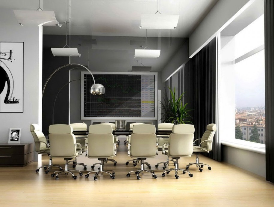 Modern Office Design Ideas With Grey Curtain With Beige Swivel Chairs For Meeting Room Set With Modern Office Interior Furniture Sets And Laminate Flooring And Long Table And Bay Window Living Room