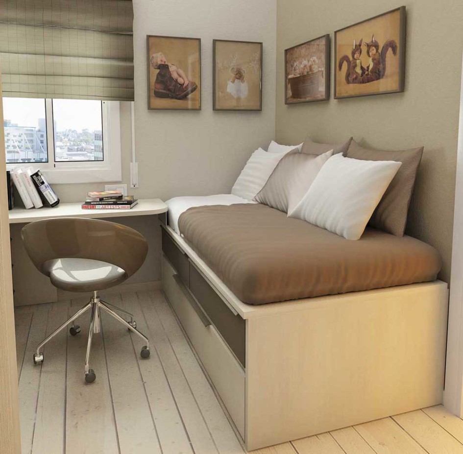 Natural Color Also Small Desk Wooden Floor Also Glass Window Brown Curtain Single Bed Pillow Also Drawer By Brown Wall Decoration Photos Bedroom