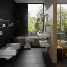 Bathroom Thumbnail size Open Hotel Bathroom Plan White Porcelain Tub Toilet Black Granite Wall Panels Feat Brown Divider Room In Modern Schemes Soothing Hotel Bathroom