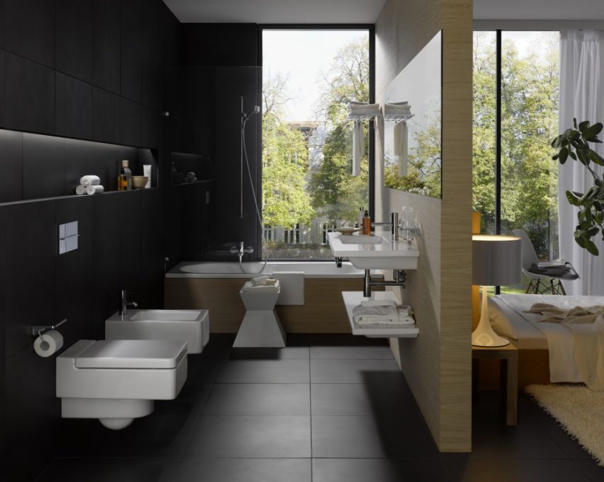 Bathroom Open Hotel Bathroom Plan White Porcelain Tub Toilet Black Granite Wall Panels Feat Brown Divider Room In Modern Schemes Soothing Hotel Bathroom Simple Thing to Getting the Most Out of Decorating a Deluxe Bathroom