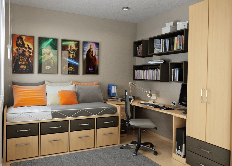 Orange Cushion Also Simple Desk Style Escorted By Wardrobe Also Wall Decoration For Bedroom Interior Style Escorted By Wooden Flooring Also Grey Carpet Floor Also Bookshelves Style Bedroom