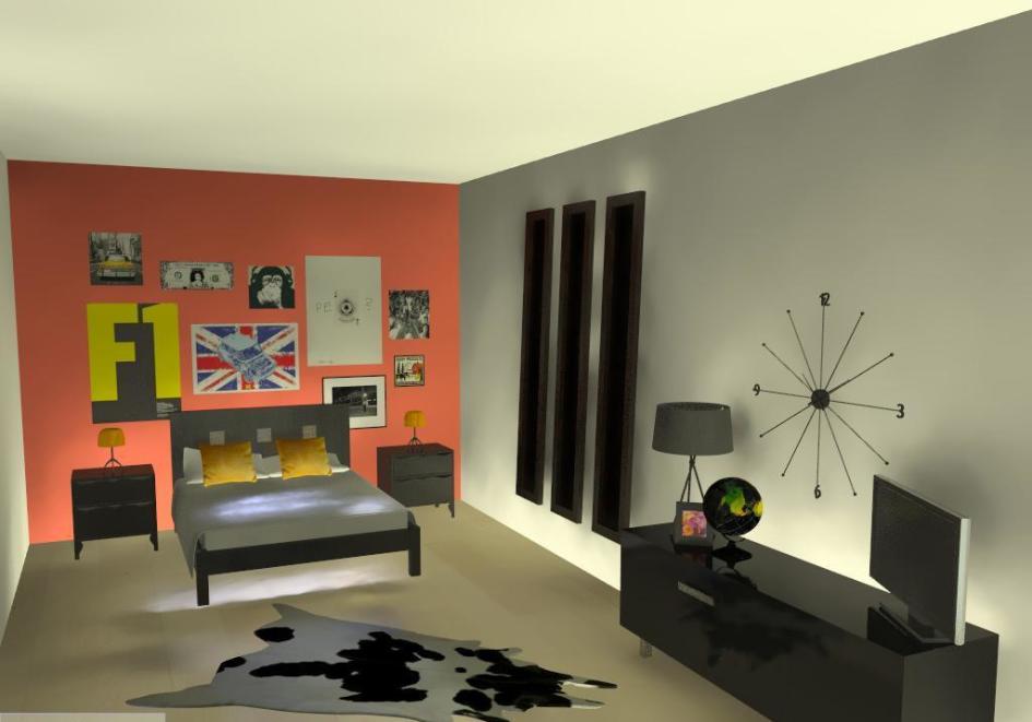 Orange Wall Style Escorted By Black Sleek Drawer Also Skin Rug Escorted By Lamp Side Also Comfortable Bed Escorted By Yellow Cushion Small Bedroom Decoration Scheme Bedroom