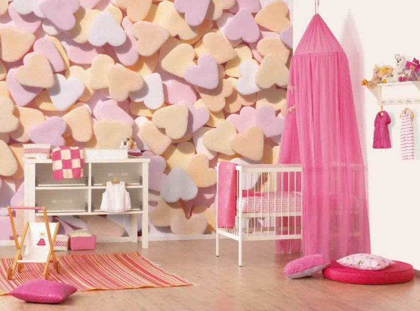 Bedroom Medium size Pink Baby Girl Nursery Style Scheme Heart Relief Wall Style For Baby Girl Room Interior Style Scheme Small Pink Canopy Crib Laminate Flooring Style Also Bedroom Storage Style