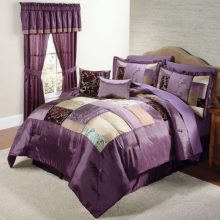Bedroom Thumbnail size Purple Bed Cover For Comfy Bed Also Glass Window Escorted By Purple Curtain Escorted By Laminate Floor Also White Fur Rug For Minimalist Bedroom Style Scheme Escorted By Purple Pillow