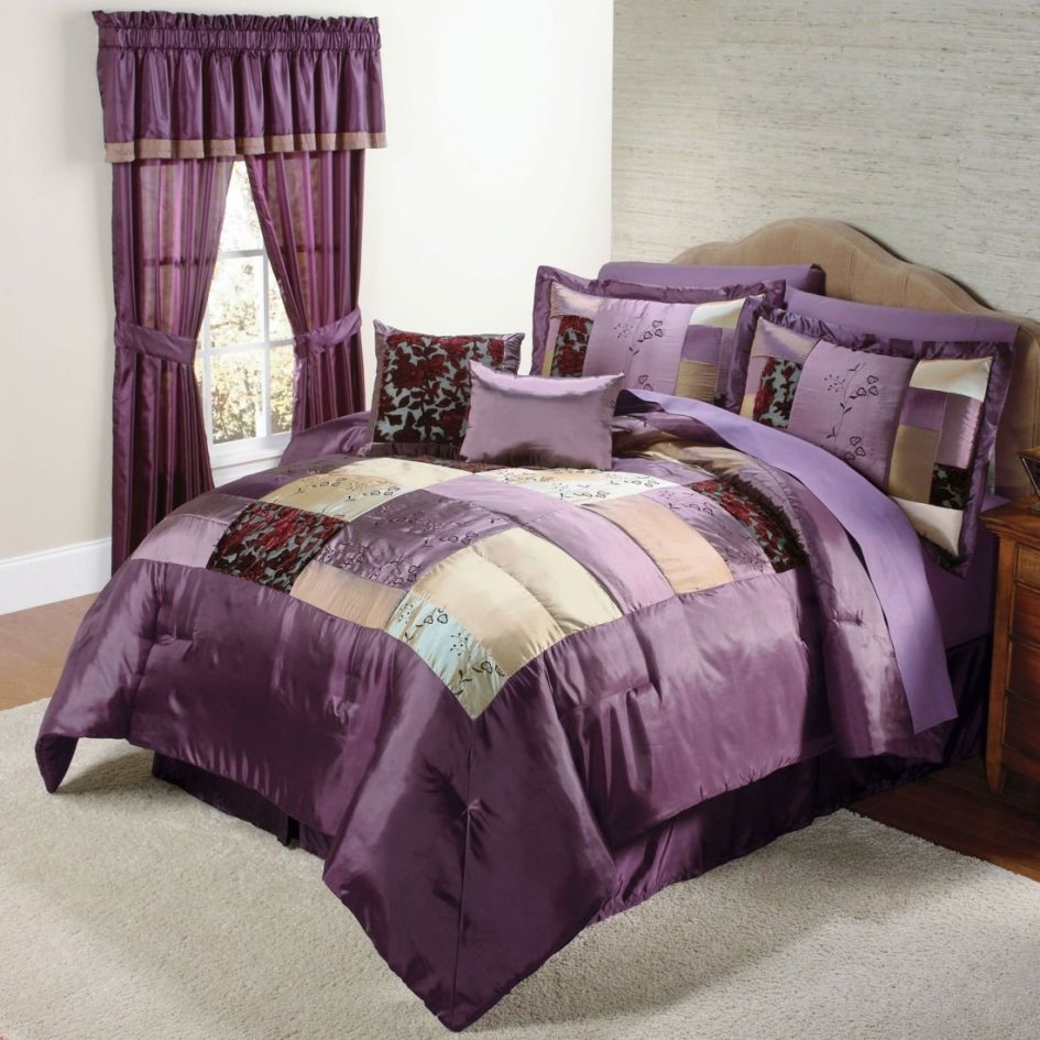 Purple Bed Cover For Comfy Bed Also Glass Window Escorted By Purple Curtain Escorted By Laminate Floor Also White Fur Rug For Minimalist Bedroom Style Scheme Escorted By Purple Pillow Bedroom