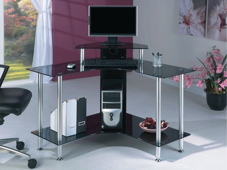Small Computer Desk Design And Black Swivel Chair With Glass Window And White Curtain With Shelf From Glass For Home Office Design Ideas And Purple Wall Design Living Room