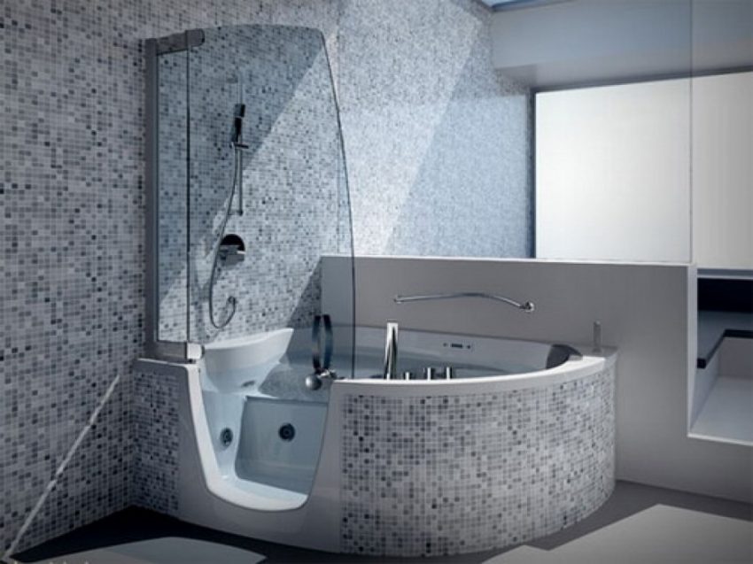 Bathroom Medium size Splendid Corner Step In Whirlpool Tub Escorted By Modern Steam Shower Tub Combo As Well As Clear Glass Screen Shower In Gray Bathroom Decorating Schemes Contemporary Shower Tub Combo Amazing