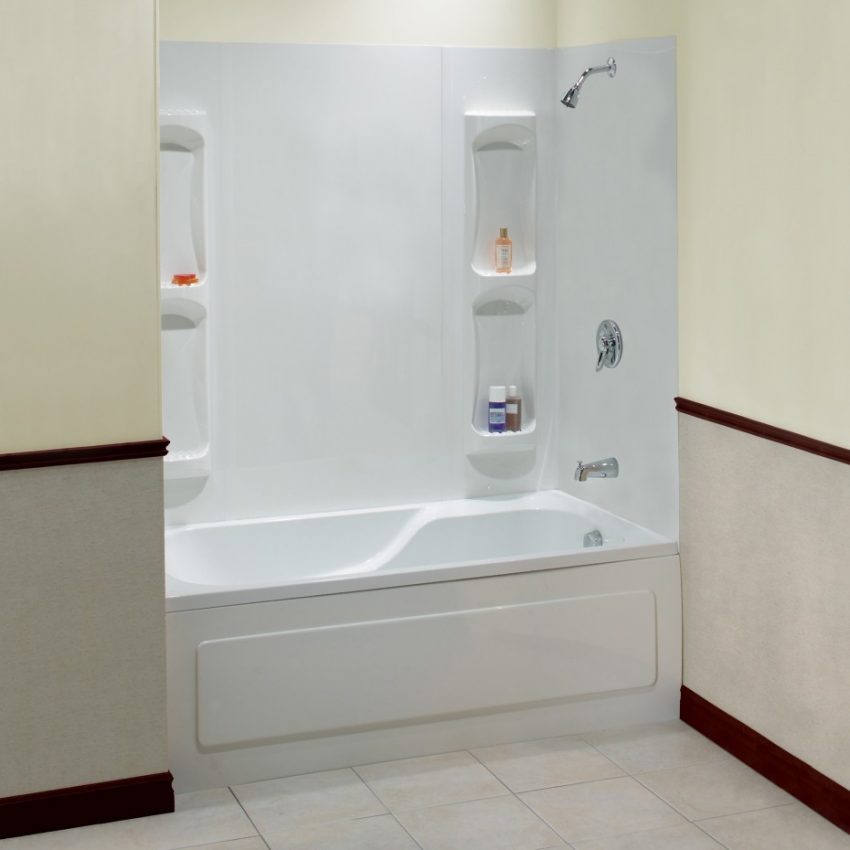 Bathroom Medium size Stunning White Acrylic Wall As Well As Soaking Tub Also Great Shower Tub Combo Escorted By Built In Caddy Bath As Well As Grey Half Painted Wall Bathroom Decor In Apartment Bathroom Schemes