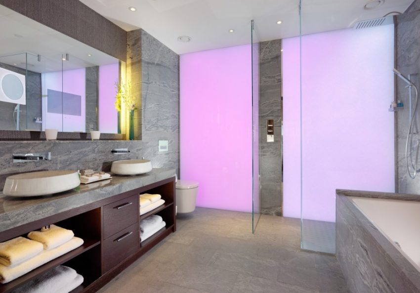 Bathroom Medium size Stylish Purple Wall Polished Combine Gray Marble Wall Decal Large Espresso Vanities Plus Wide Mirror In Large Hotel Bathroom Decorating Schemes Soothing Hotel Bathroom
