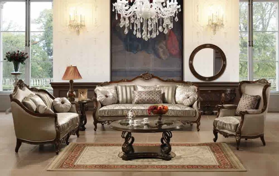 Vintage Decorations For Living Room Interior And Chandelier And Optimize Silver Light Sofa Set With Polished Wood Coffee Table And Carpet Flooring Design With Classic Living Room Furniture Sets Living Room