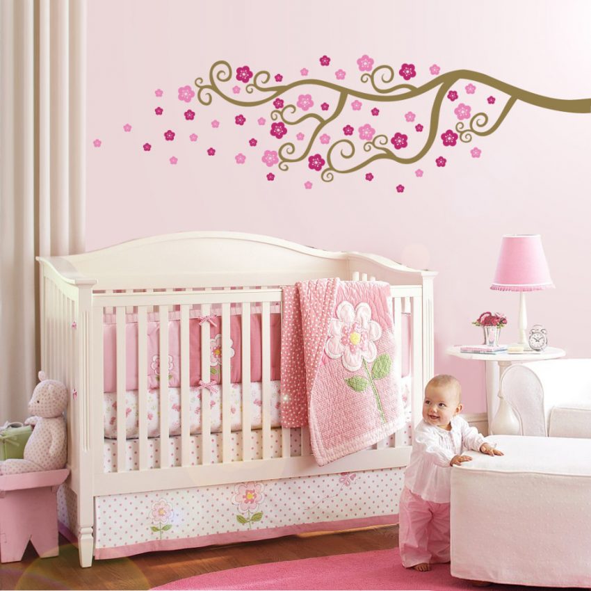 Kids Room Medium size Wall Decal Scheme For Baby Room Style Scheme Escorted By Pink Also White Wooden Cradle Also Wooden Flooring Also Small White Table Also Lamp Side Escorted By Cream Curtain Also White Comfy Armchair1