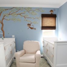 Bedroom Elegant Wall Sticker For Modern Boy Baby Room Decor Scheme Escorted By Many Animal Dolls For Baby Nursery Style Scheme Escorted By Blue Carpet Flooring Style Also Brown Armchair Interesting Baby Girls Bedrooms Design in Interior Ideas