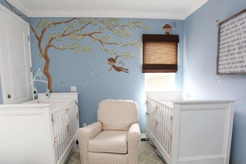 Wall Mural Scheme For Blue Baby Room Style Scheme White Baby Nursery Style Scheme Comfy Armchair Hidden Lamp For Shared Baby Room Style Scheme Blue Wall Decoration Scheme Bedroom