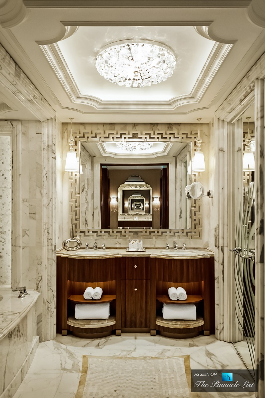 Wonderful White Venetian Hotel Bathroom Escorted By Double Sink Vanities Escorted By Square Mirror Feat Wooden Towel Cabinet As Well As Wall Light Fixtures As Luxury Interior Bathroom Schemes Soothing Bathroom