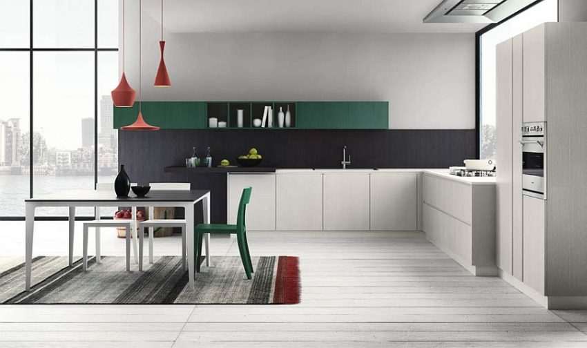 Kitchen Large-size Adorable Corner Kitchen Design With Black Green Backsplash Facing Modern Dining Table Upon Ombre Area Rug Kitchen