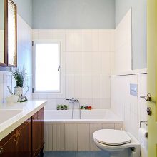 Apartment Thumbnail size Adorable Lemonade Bathroom With Yellowish Door And Wooden Vanity Beneath Rectangle Wall Mirror