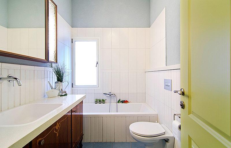 Apartment Adorable Lemonade Bathroom With Yellowish Door And Wooden Vanity Beneath Rectangle Wall Mirror Tell Aviv Apartment Shines with Colorful Renovation Dressed in Old World Charm