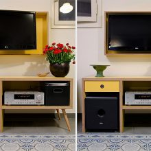 Apartment Thumbnail size Compact Storage Entertainment Design With Yellow Recessed TV Slot Above Standing Cabinet With Drawer