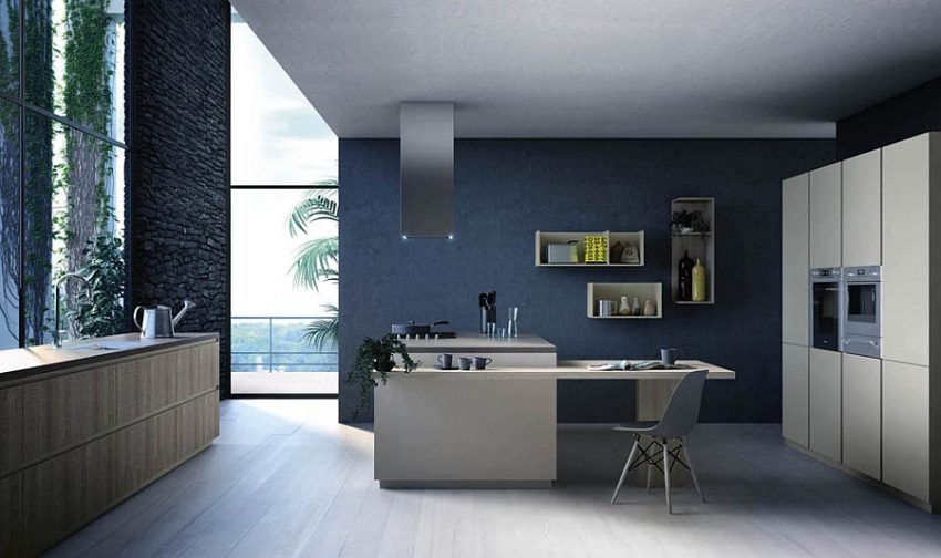 Kitchen Fantastic Blue Kitchen Design With Simple Island Before Large White Storage With Seating Facing Wooden Bench Streamlined and Adaptable Kitchen Design with Modular Style