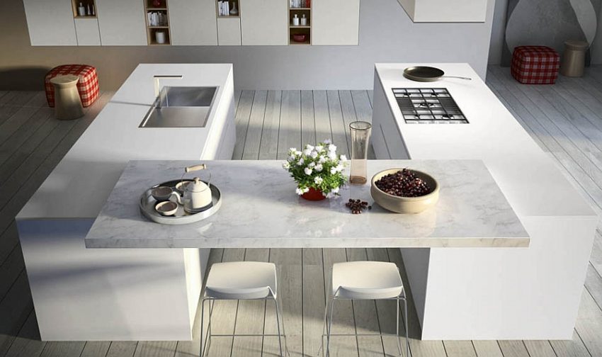 Kitchen Gorgeous Floating Bar Design With Double White Stools Upon White Wooden Deck Flooring Style Streamlined and Adaptable Kitchen Design with Modular Style