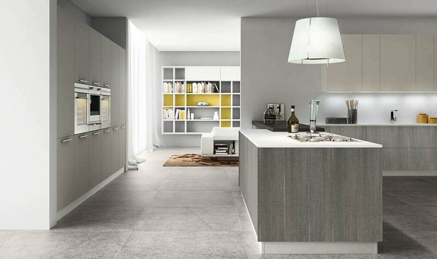 Kitchen Grey Kitchen Design With Solid Calm Storage Beneath White Pendant Leading Amusing Bookshelves Streamlined and Adaptable Kitchen Design with Modular Style