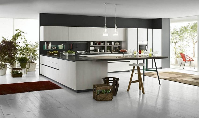 Kitchen Lavish White Kitchen Storage With Extended Bar Design Facing Modest Wooden Stool Under Two Pendants Streamlined and Adaptable Kitchen Design with Modular Style