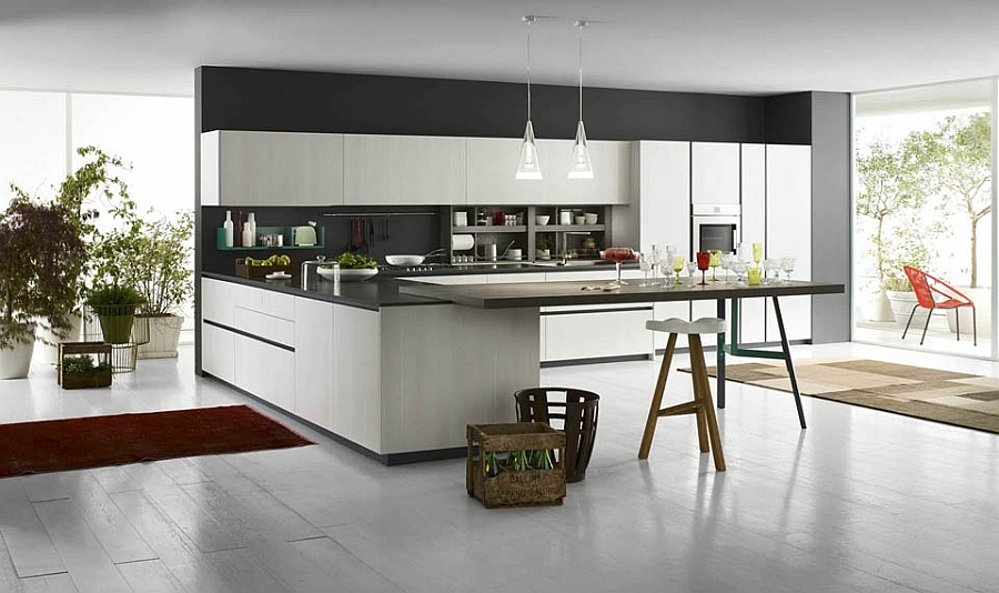 Lavish White Kitchen Storage With Extended Bar Design Facing Modest Wooden Stool Under Two Pendants Kitchen