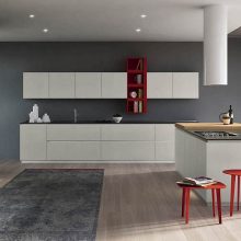 Kitchen Thumbnail size Modern Spacious Integrated Kitchen Dining Room With Simple Island Bar And Red Stools And Cabinet Flashing White Storage