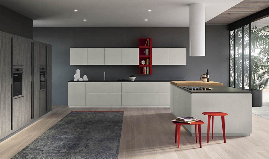 Modern Spacious Integrated Kitchen Dining Room With Simple Island Bar And Red Stools And Cabinet Flashing White Storage Kitchen