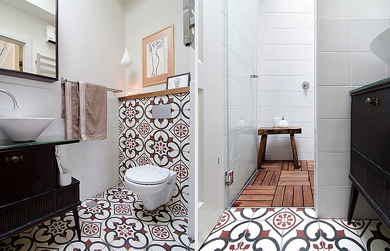 Patterned Bathroom Floor And Wainscoting With Modern Toilet Seat Aside Black Wooden Vanity Design Apartment
