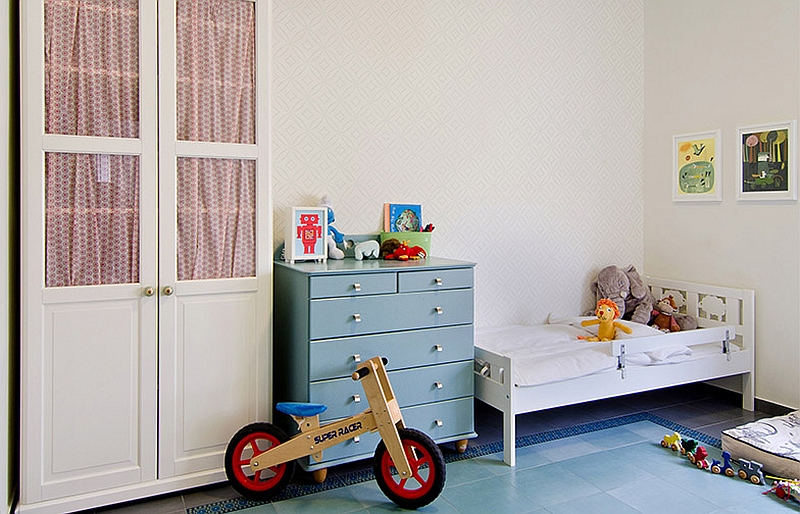 Simple Boy Kids Room With Corner Small Bedding Facing Blue Chest Drawers Upon Light Small Tiles Floor Apartment